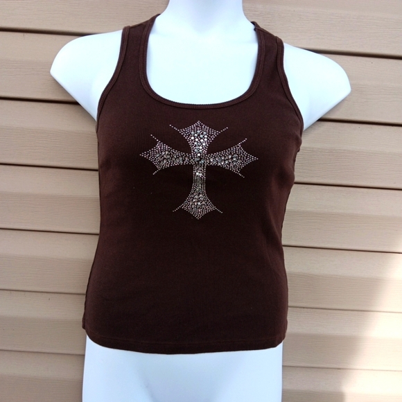 Vinatage Elegant Brown Tank Top with Rhinestone Cross Size S Or M - Picture 1 of 4